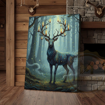 Magical Blue Deer with Glowing Antlers and Forest Fireflies Wrapped Canvas Wall Art
