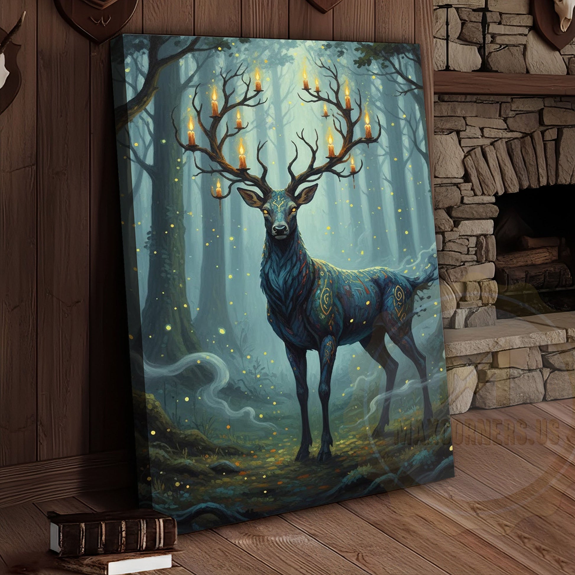 Magical Blue Deer with Glowing Antlers and Forest Fireflies Wrapped Canvas Wall Art