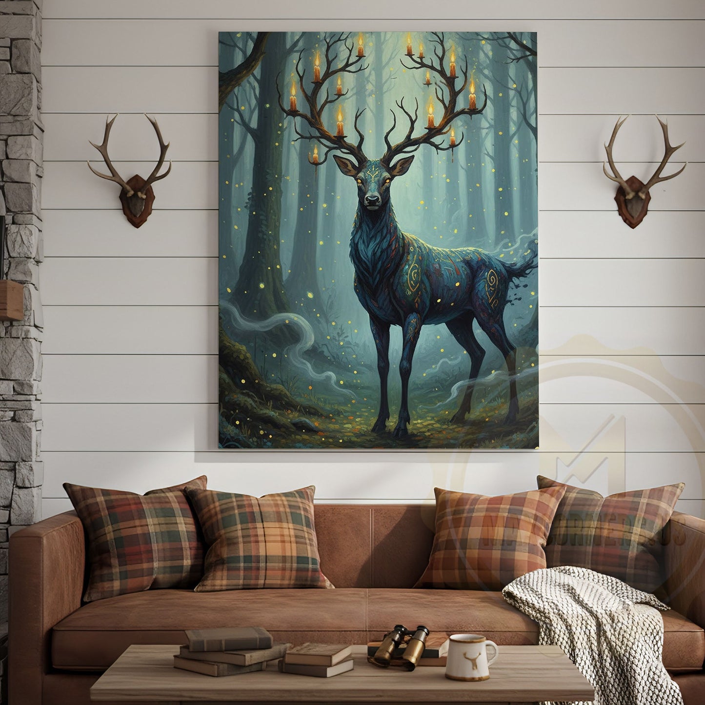 Magical Blue Deer with Glowing Antlers and Forest Fireflies Wrapped Canvas Wall Art