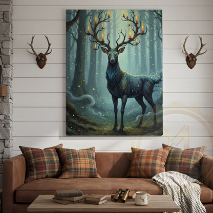 Magical Blue Deer with Glowing Antlers and Forest Fireflies Wrapped Canvas Wall Art