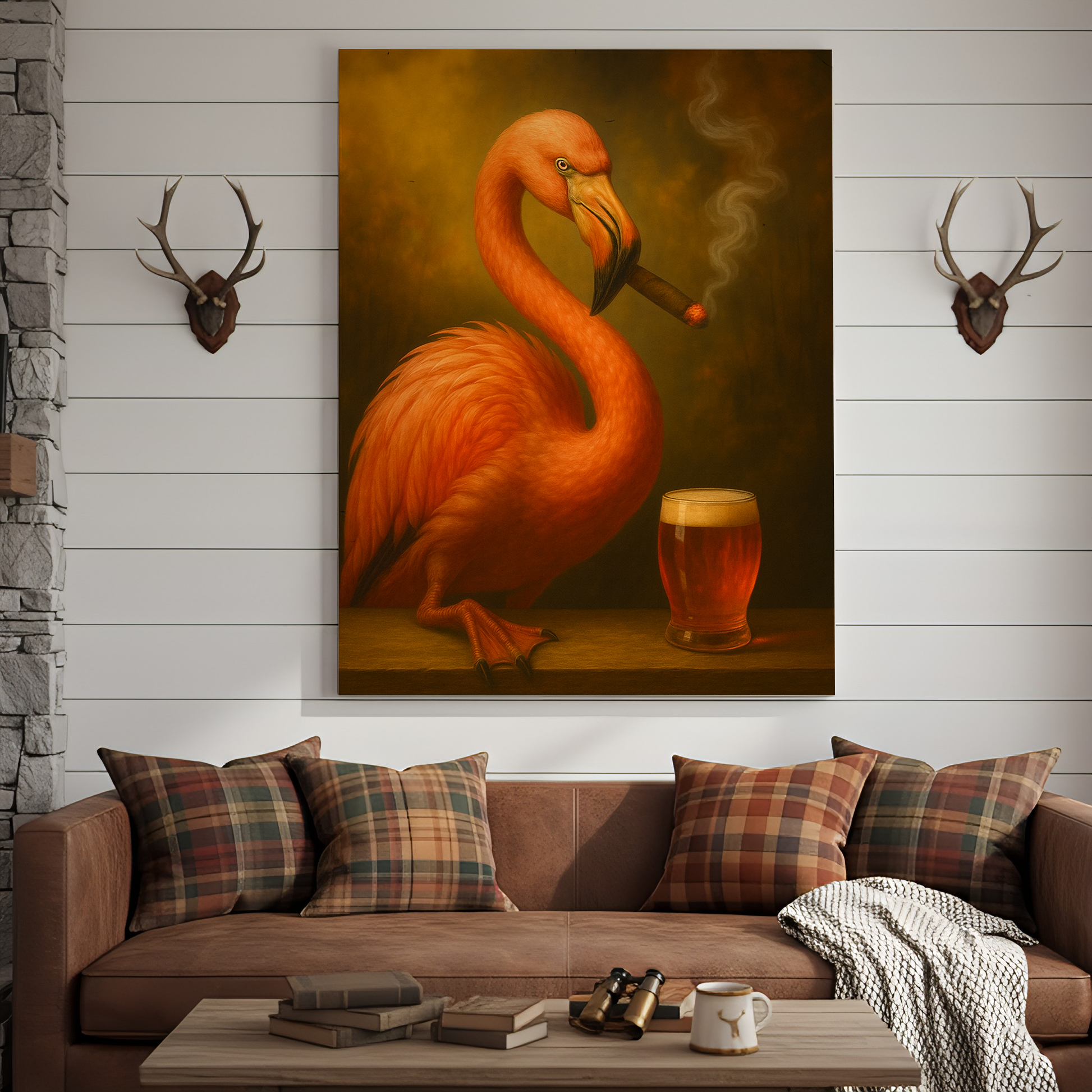 Flamingo Beer and Cigar 3D Wrapped Canvas Wall Art