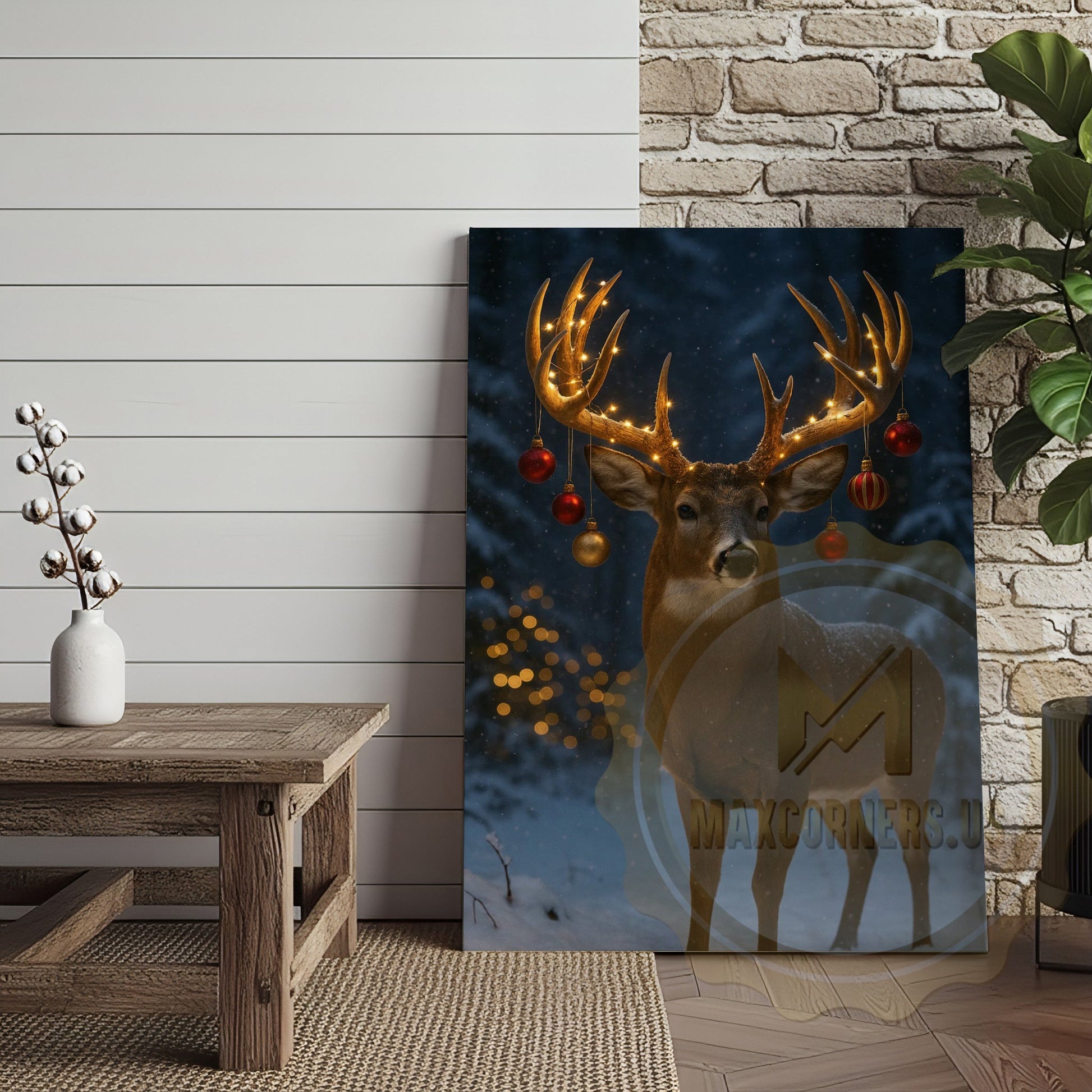 Magical Christmas Deer Canvas - Golden Bokeh Winter Print