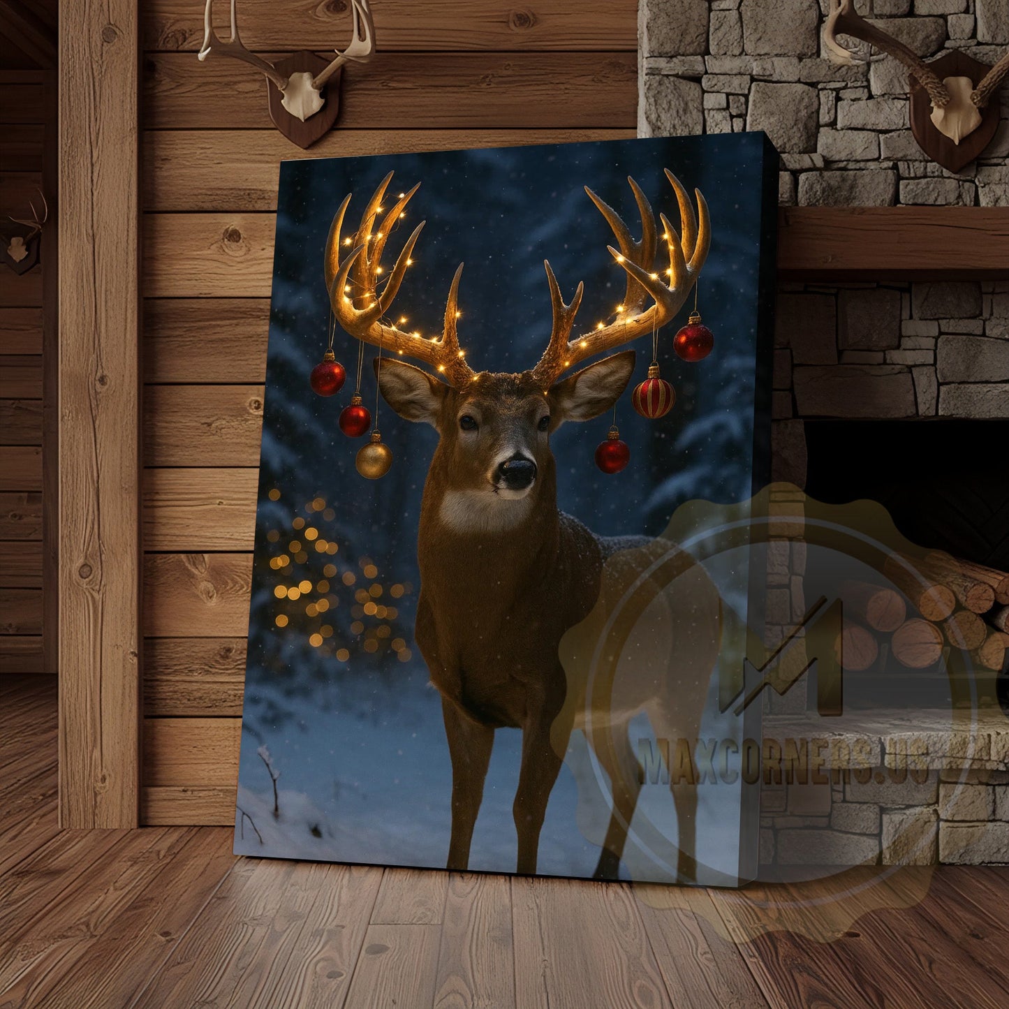 Magical Christmas Deer Canvas - Golden Bokeh Winter Print