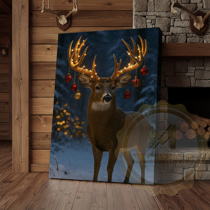 Magical Christmas Deer Canvas - Golden Bokeh Winter Print