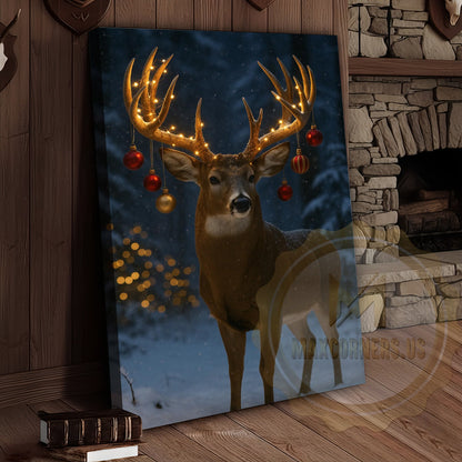 Magical Christmas Deer Canvas - Golden Bokeh Winter Print