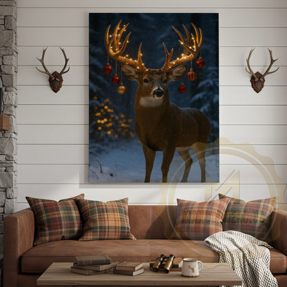 Magical Christmas Deer Canvas - Golden Bokeh Winter Print