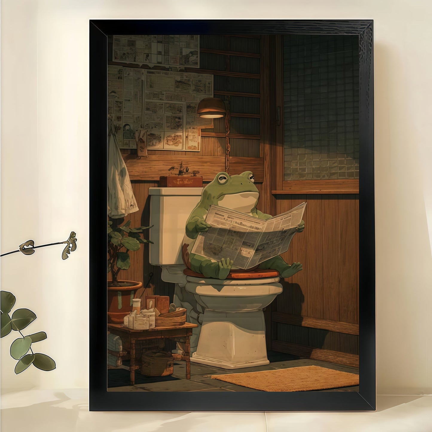 Frog Reading Newspaper on Toilet – Humorous Vintage Bathroom Wall Art on Natural Wood Canvas