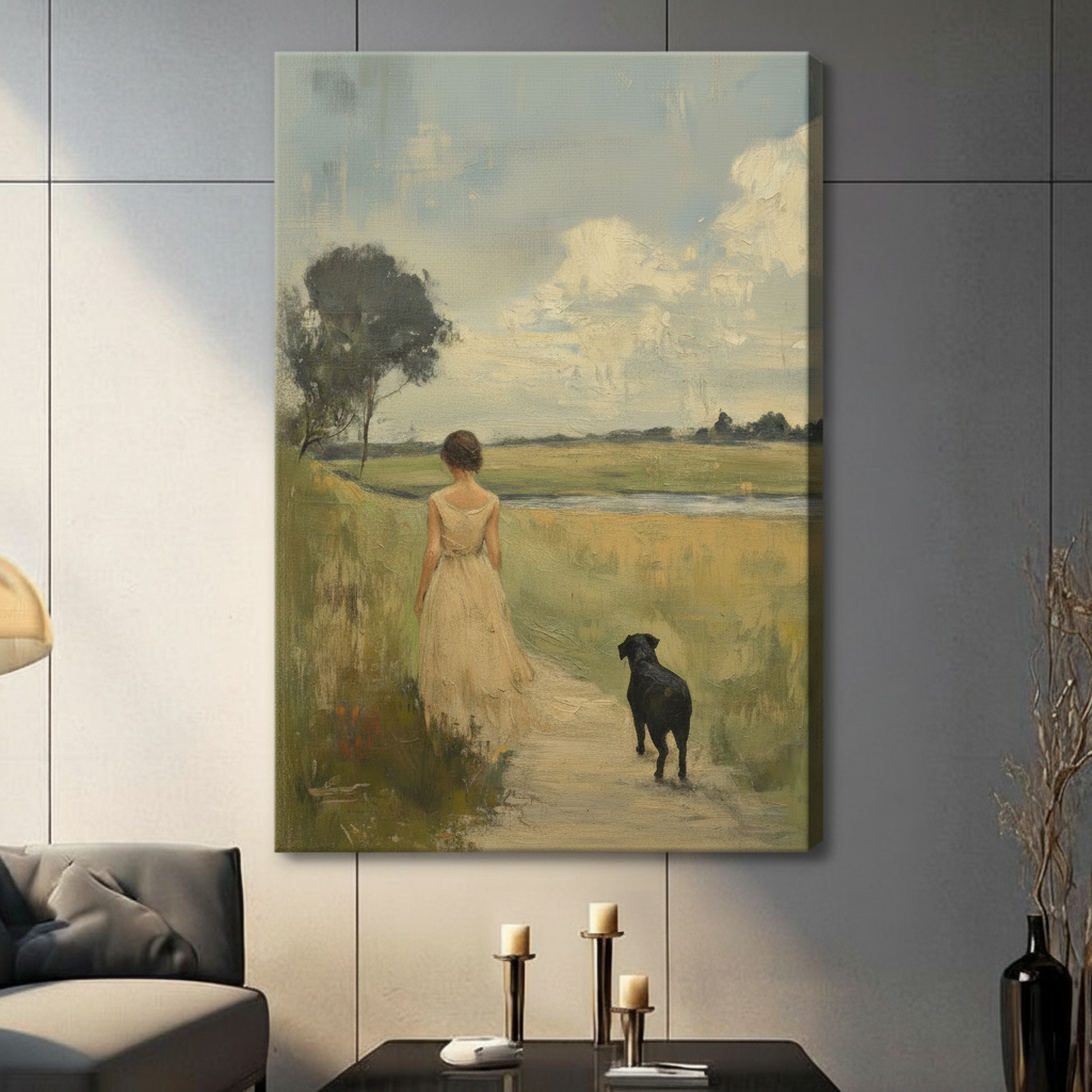 Vintage Woman & Dog Field Walk Canvas Art Wall Art
