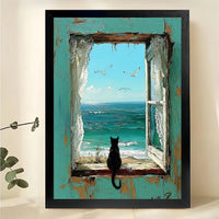 Black Cat Ocean Window View Wall Art – Vintage Turquoise Framed Coastal Canvas