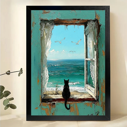 Black Cat Ocean Window View Wall Art – Vintage Turquoise Framed Coastal Canvas