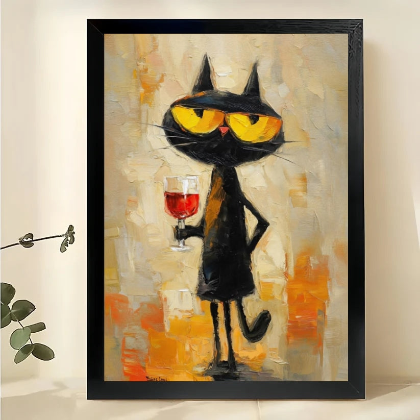 Abstract Standing Cat – Vibrant Textured Animal Wall Art on Natural Wood Canvas