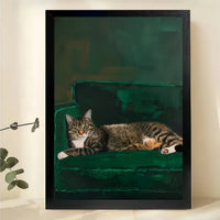 Tabby Cat Napping on Couch – Cozy Cat Portrait Wall Art on Natural Wood Canvas