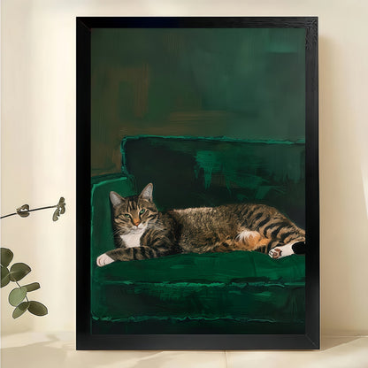 Tabby Cat Napping on Couch – Cozy Cat Portrait Wall Art on Natural Wood Canvas