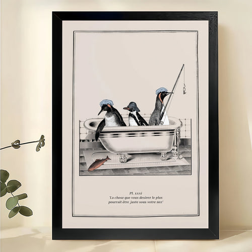 Penguins in Bathtub Retro Line Art – Whimsical Bathroom Wall Art on Natural Wood Canvas