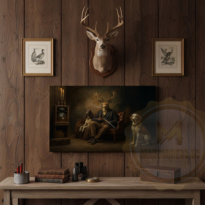 Deer Gentleman with Hunting Dogs in Rustic Room Wrapped Canvas