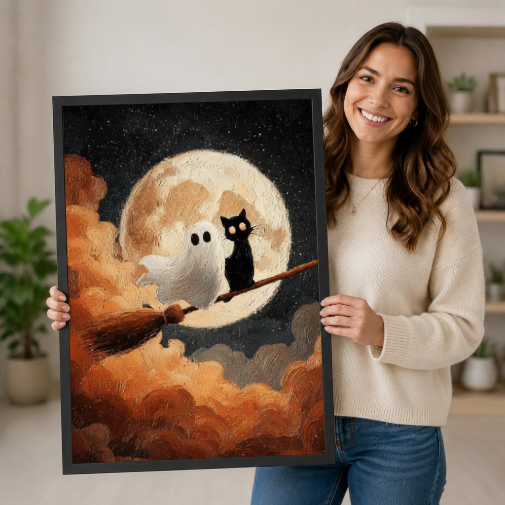 Black Cat Ghost Moonlit Halloween Canvas Wall Art