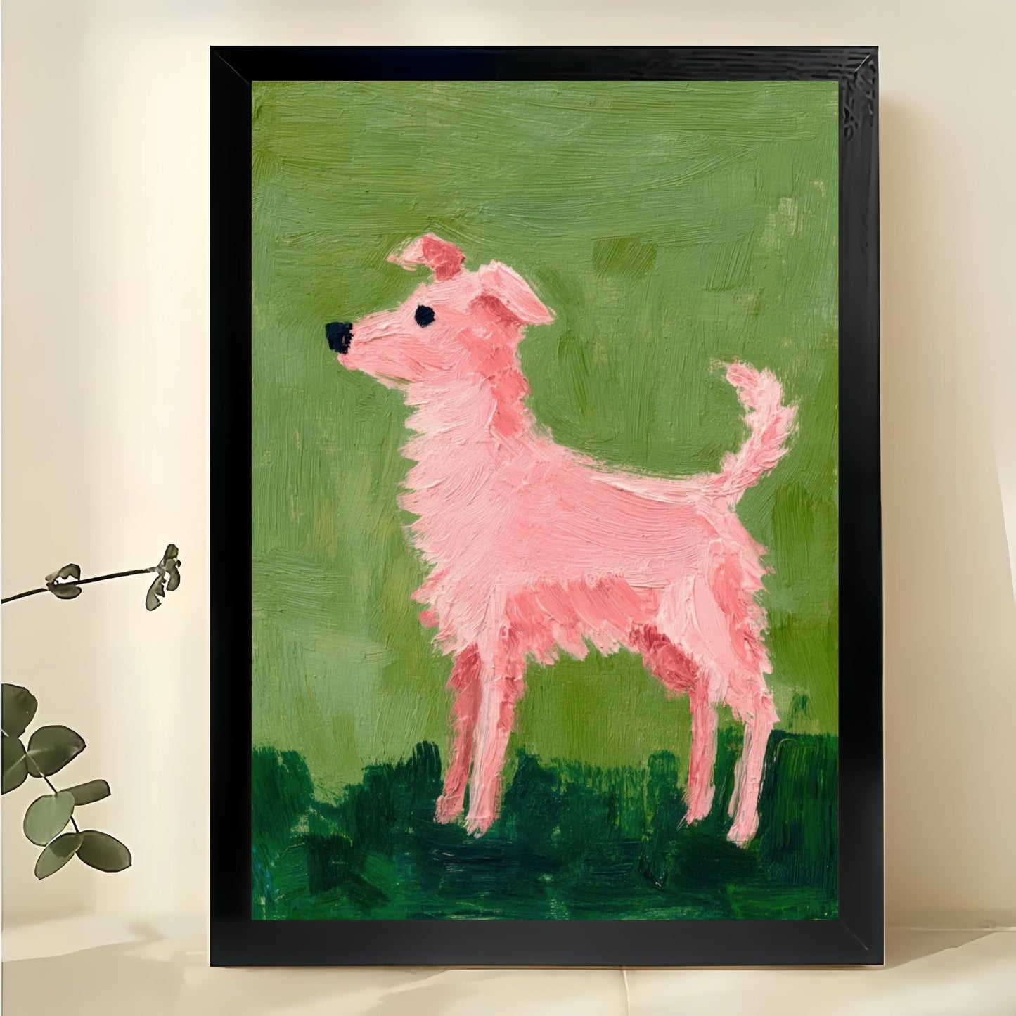 Abstract Pink Dog Folk Painting Wall Art – Whimsical Puppy Framed Canvas Art