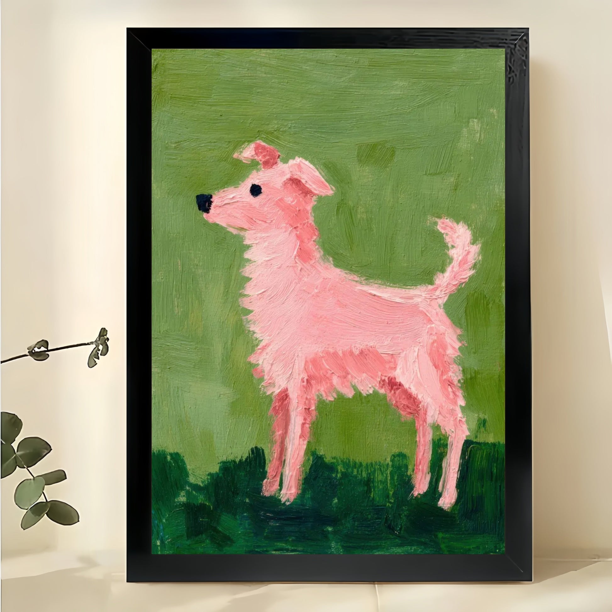 Abstract Pink Dog Folk Painting Wall Art – Whimsical Puppy Framed Canvas Art