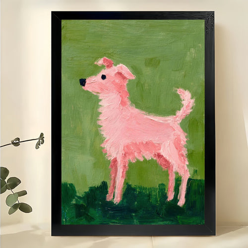 Abstract Pink Dog Folk Painting Wall Art – Whimsical Puppy Framed Canvas Art