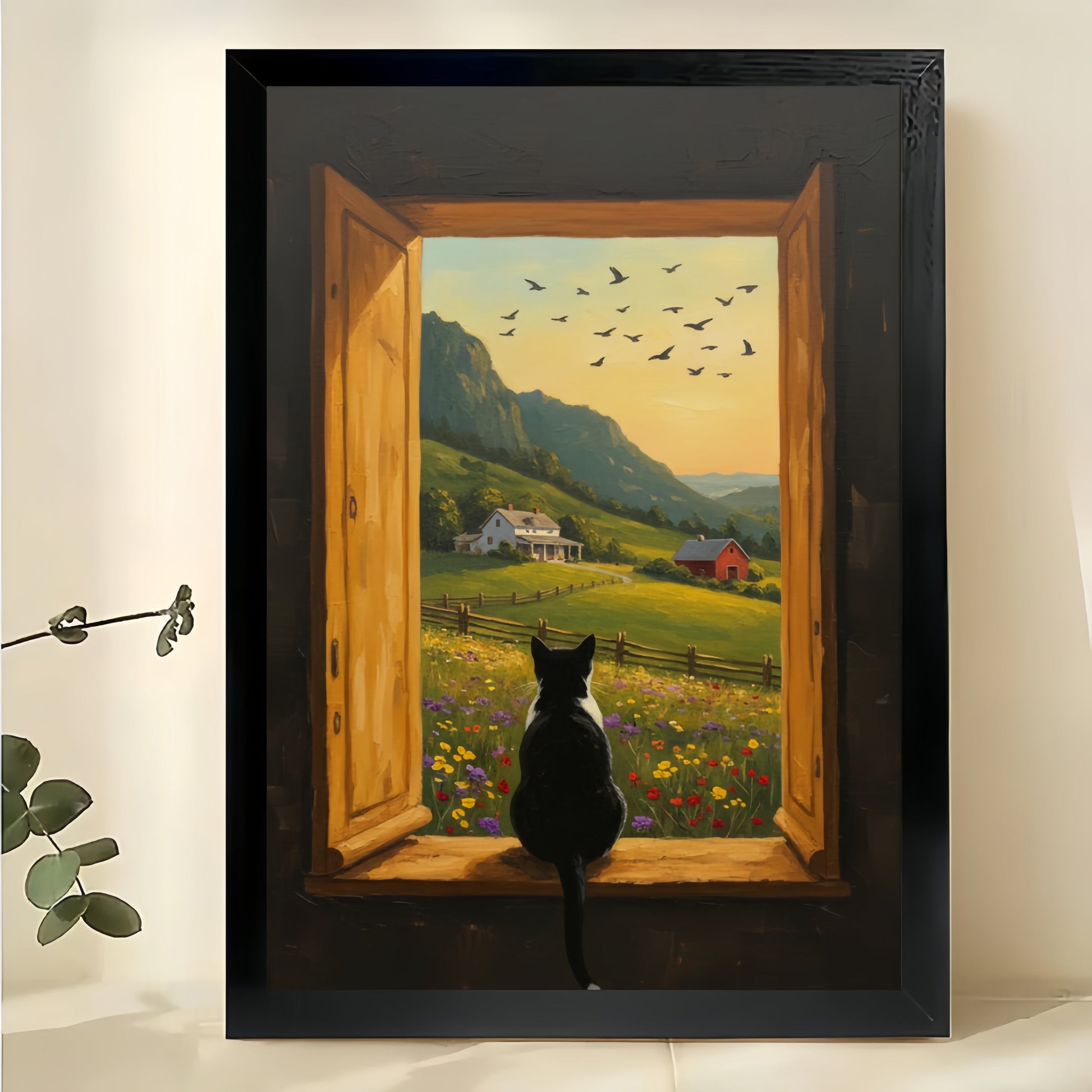 Black Cat on Window Sill Gazing at Pastoral Landscape – Cozy Country Wall Art on Natural Wood Canvas