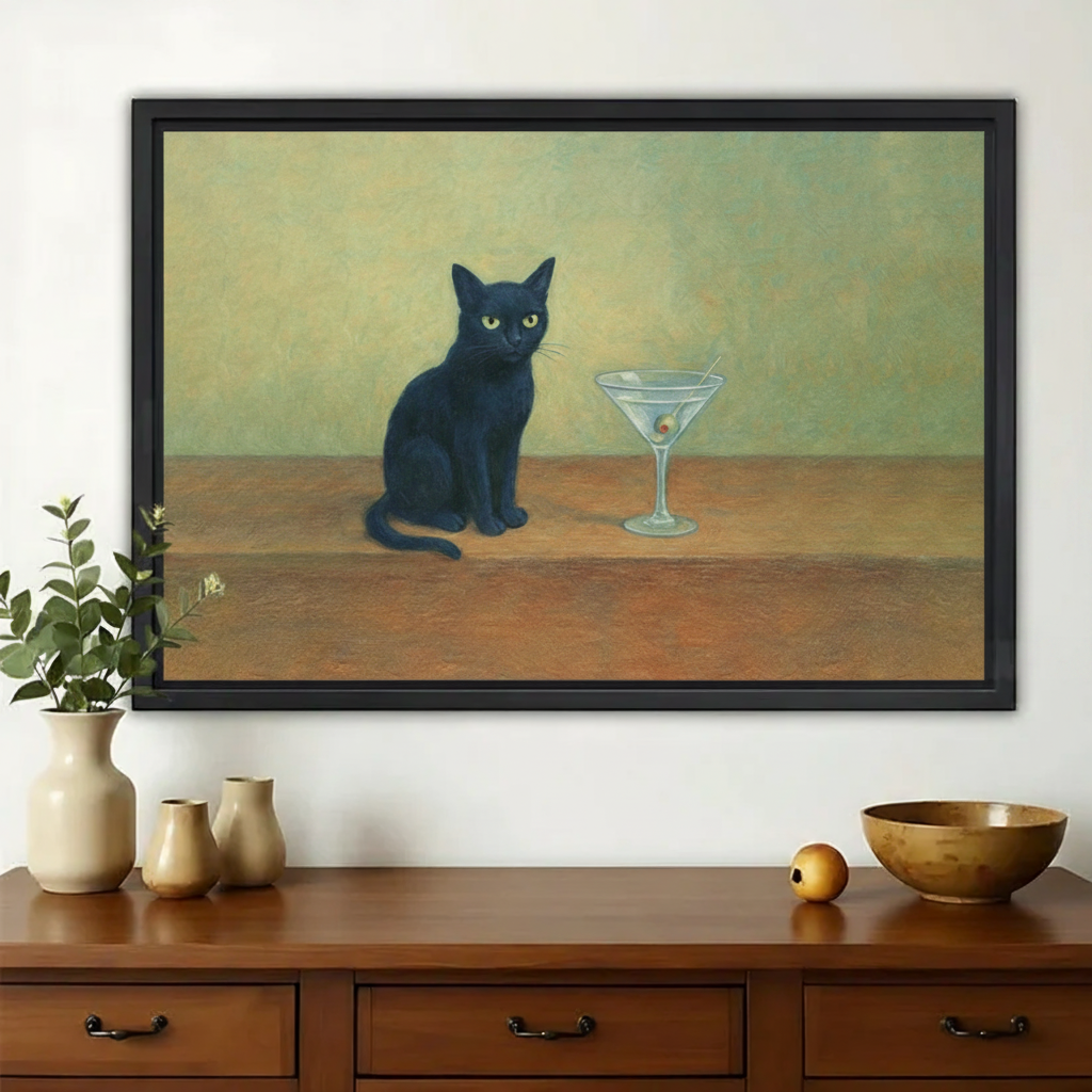 Black Cat with Martini Glass Wall Art – Moody Whimsical Cat Canvas Print on Natural Wood Frame
