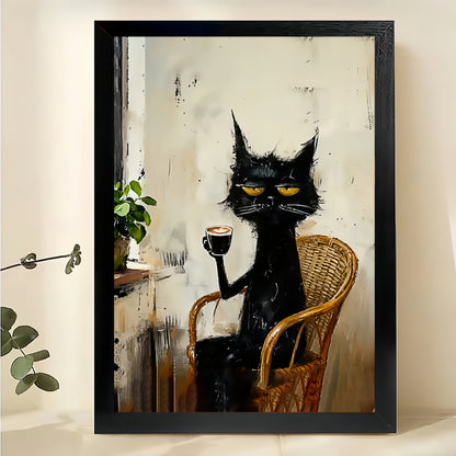 The Sophisticated Wine-Holding Black Cat – Vintage Elegant Wall Art on Natural Wood Canvas
