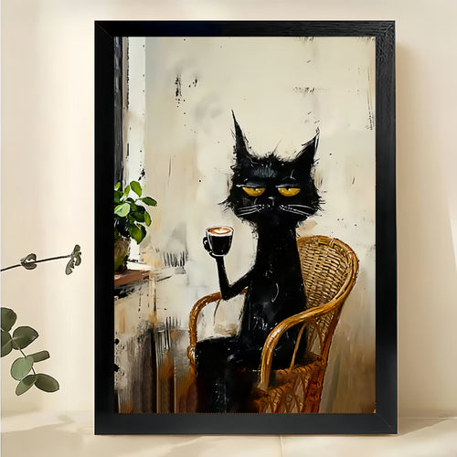 The Sophisticated Wine-Holding Black Cat – Vintage Elegant Wall Art on Natural Wood Canvas