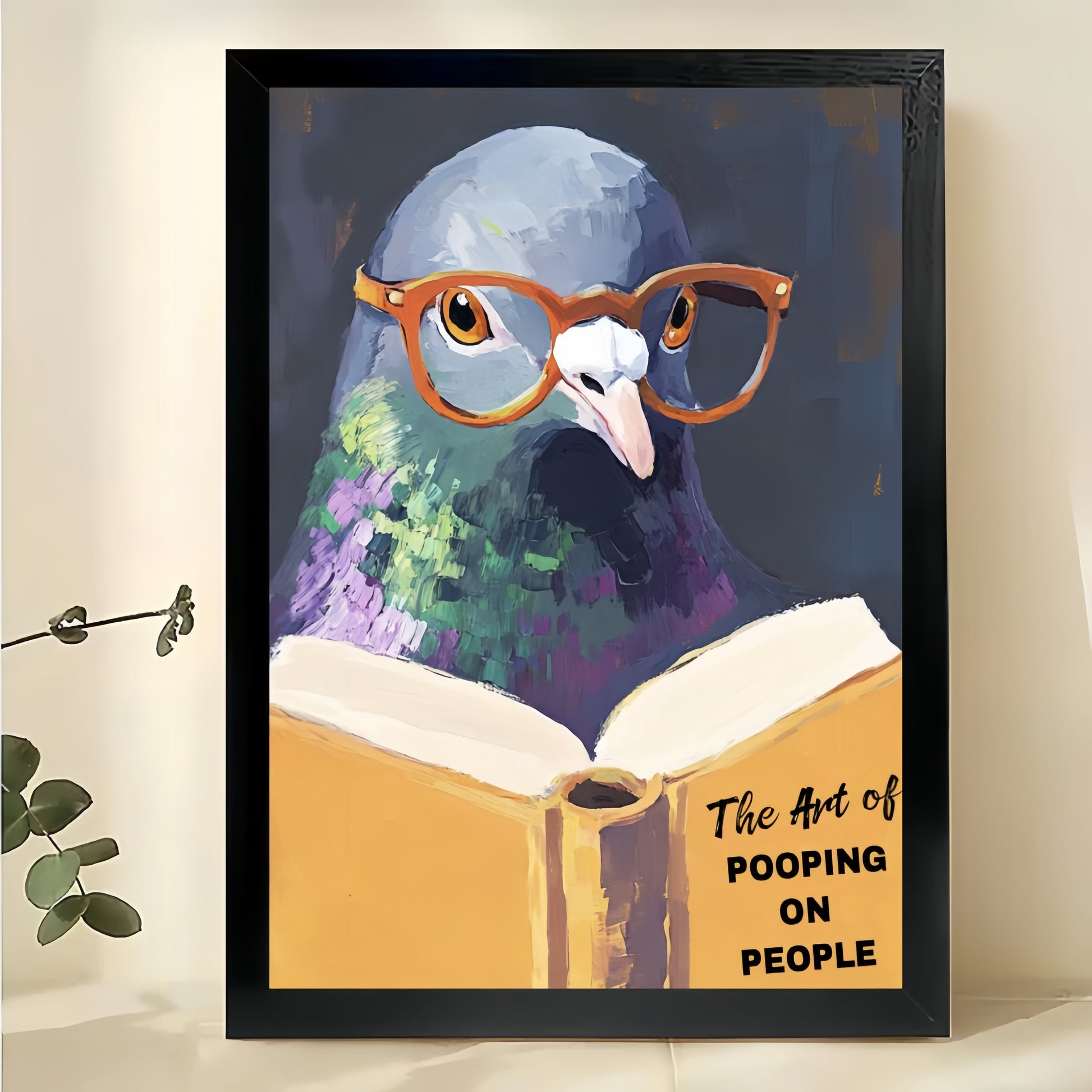 The Art of Pooping on People Glasses Pigeon – Whimsical Wall Art on Natural Wood Canvas