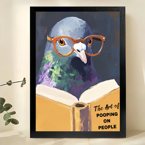 The Art of Pooping on People Glasses Pigeon – Whimsical Wall Art on Natural Wood Canvas