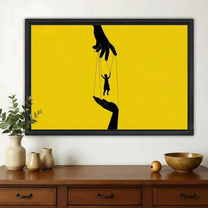 Puppet on Strings – Bold Yellow Abstract Wall Art on Natural Wood Canvas