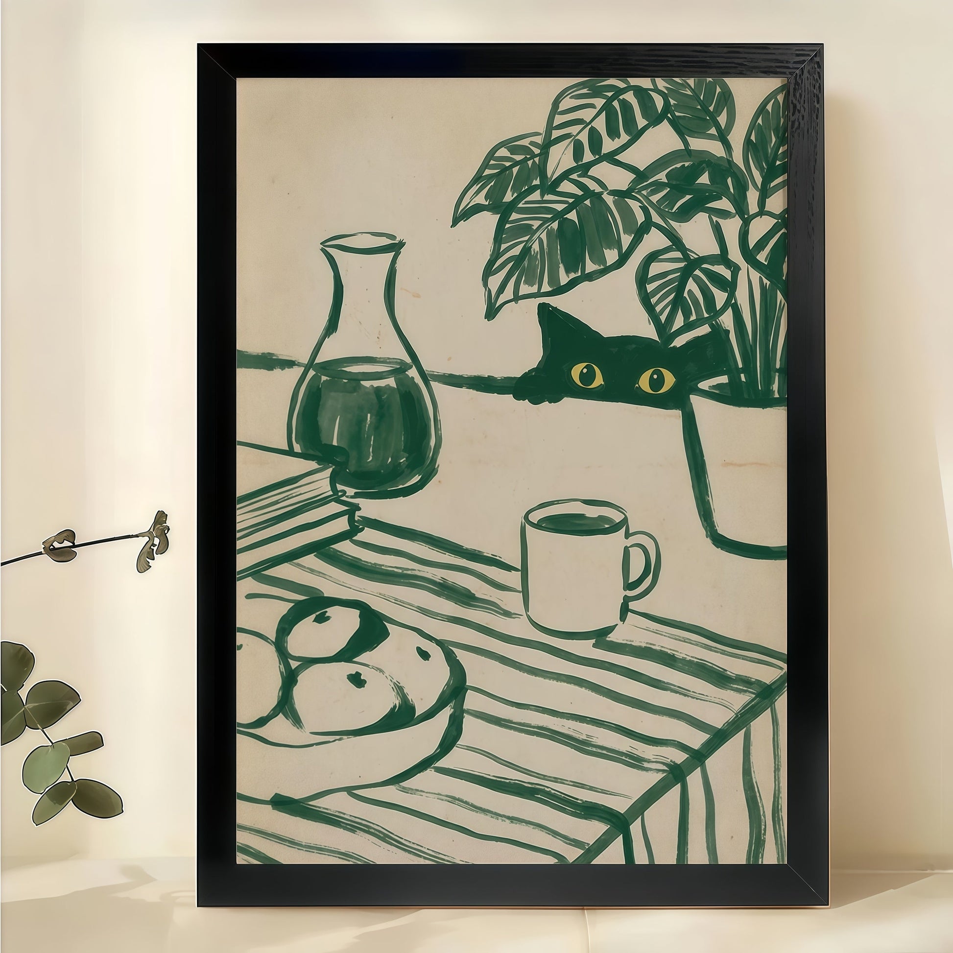 Peeking Black Cat in Potted Plant – Vintage Sketch Wall Art on Natural Wood Canvas
