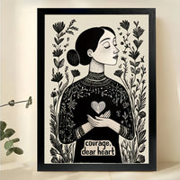 Courage, Dear Heart Woman with Floral Folk Art – Vintage Boho Wall Art on Natural Wood Canvas
