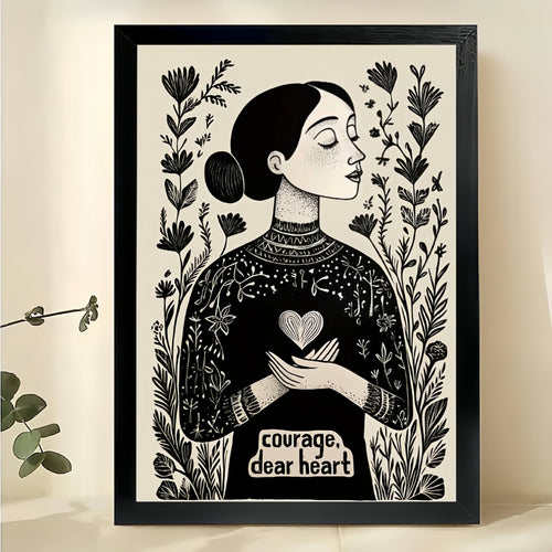 Courage, Dear Heart Woman with Floral Folk Art – Vintage Boho Wall Art on Natural Wood Canvas