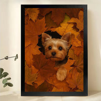Yorkie in Autumn Leaves – Whimsical Pet Wall Art on Natural Wood Canvas