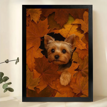 Yorkie in Autumn Leaves – Whimsical Pet Wall Art on Natural Wood Canvas