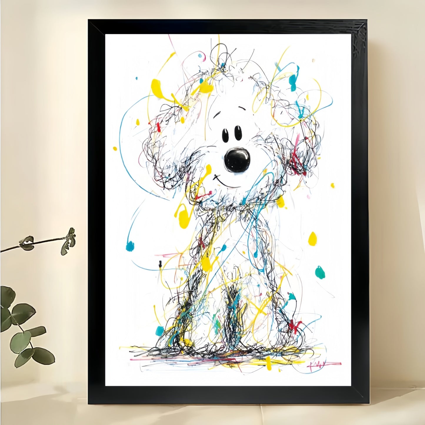 Colorful Scribble Style Fluffy White Dog – Playful Abstract Wall Art on Natural Wood Canvas