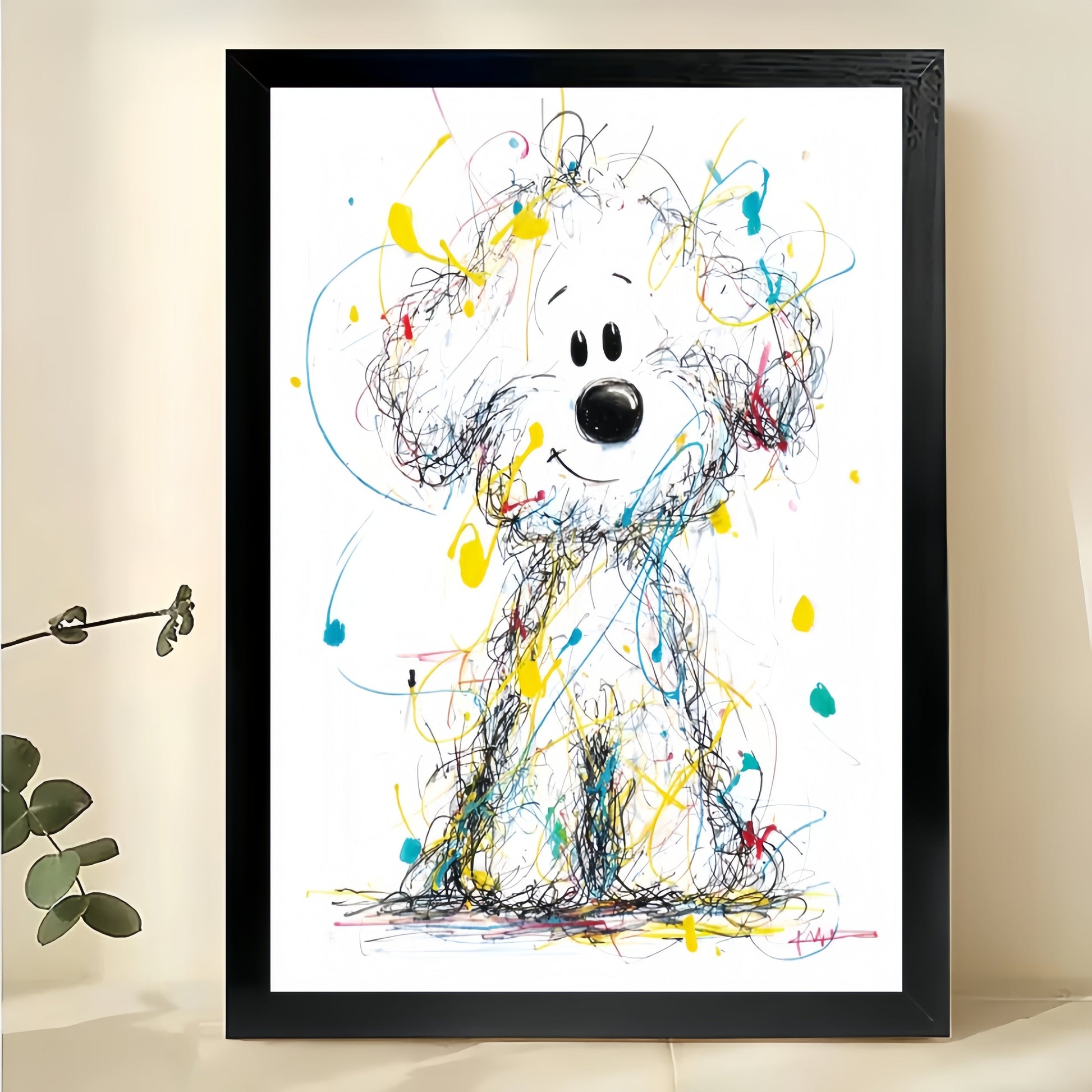 Colorful Scribble Style Fluffy White Dog – Playful Abstract Wall Art on Natural Wood Canvas