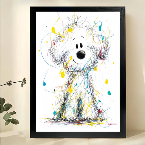 Colorful Scribble Style Fluffy White Dog – Playful Abstract Wall Art on Natural Wood Canvas