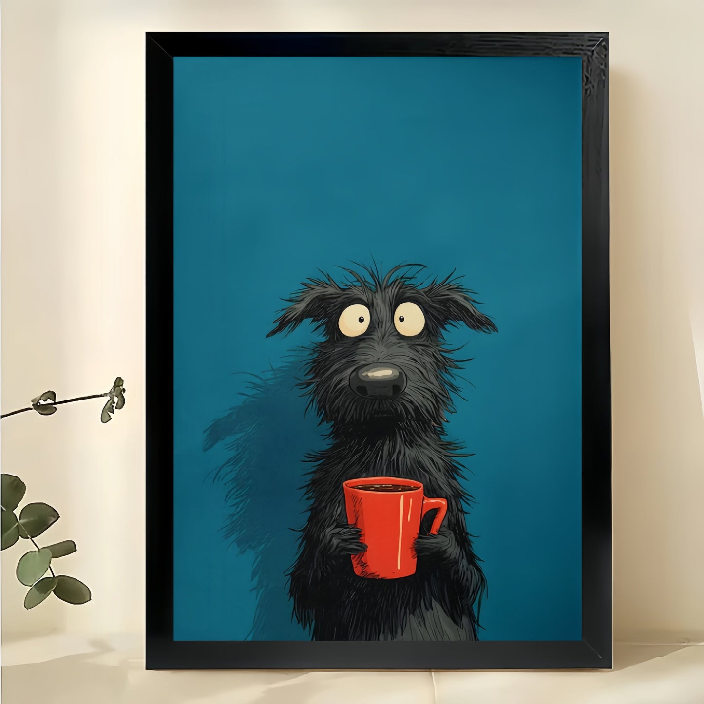 Cool Black Dog with Coffee Cup – Minimalist Bold Wall Art on Natural Wood Canvas
