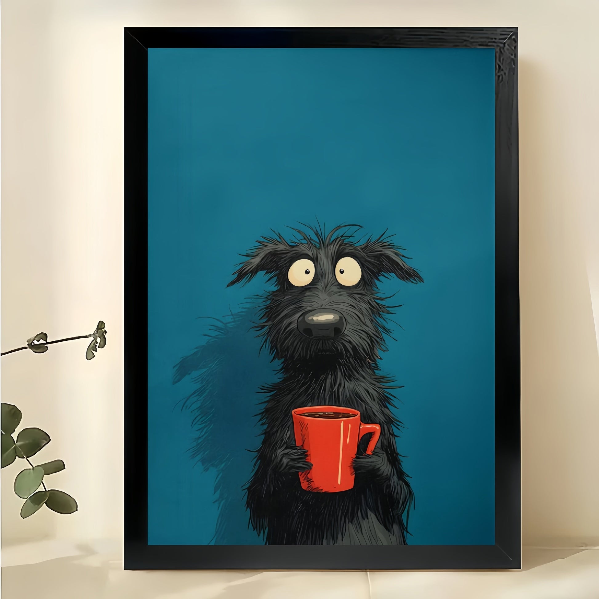 Cool Black Dog with Coffee Cup – Minimalist Bold Wall Art on Natural Wood Canvas
