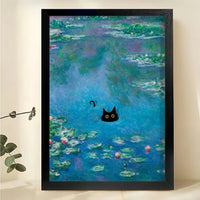 Black Cat in Monet Water Lilies – Classic Art Parody Wall Art on Natural Wood Canvas
