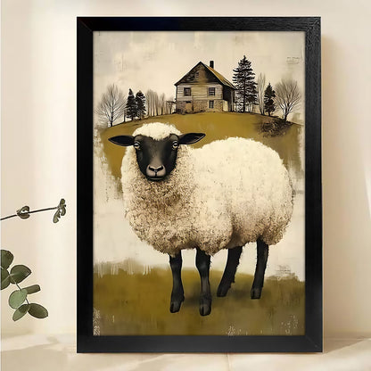 Single Fluffy Sheep – Rustic Farm Animal Wall Art on Natural Wood Canvas