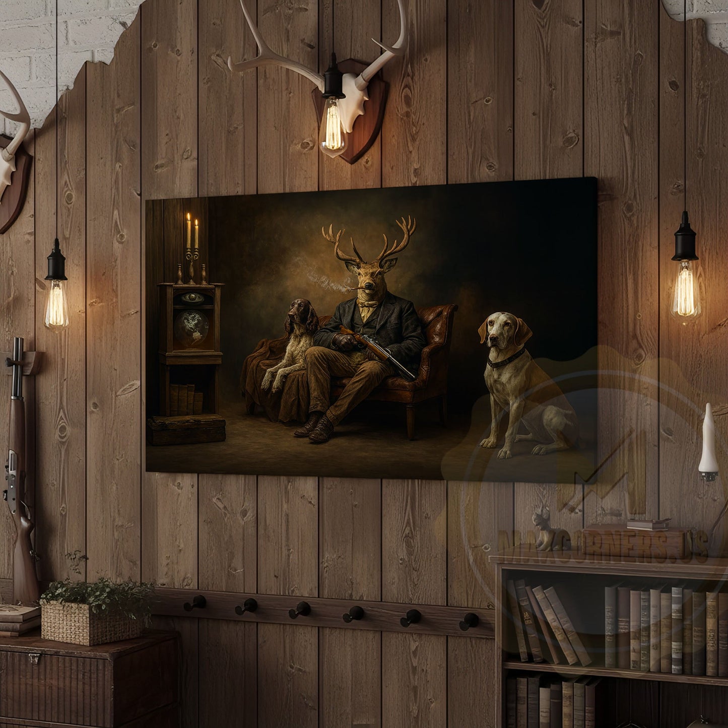 Deer Gentleman with Hunting Dogs in Rustic Room Wrapped Canvas