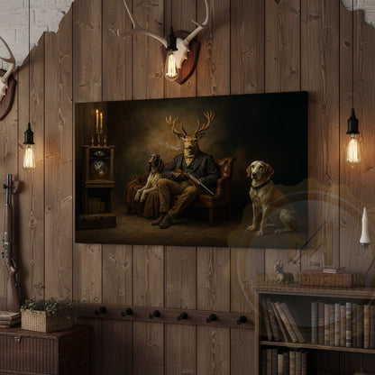 Deer Gentleman with Hunting Dogs in Rustic Room Wrapped Canvas