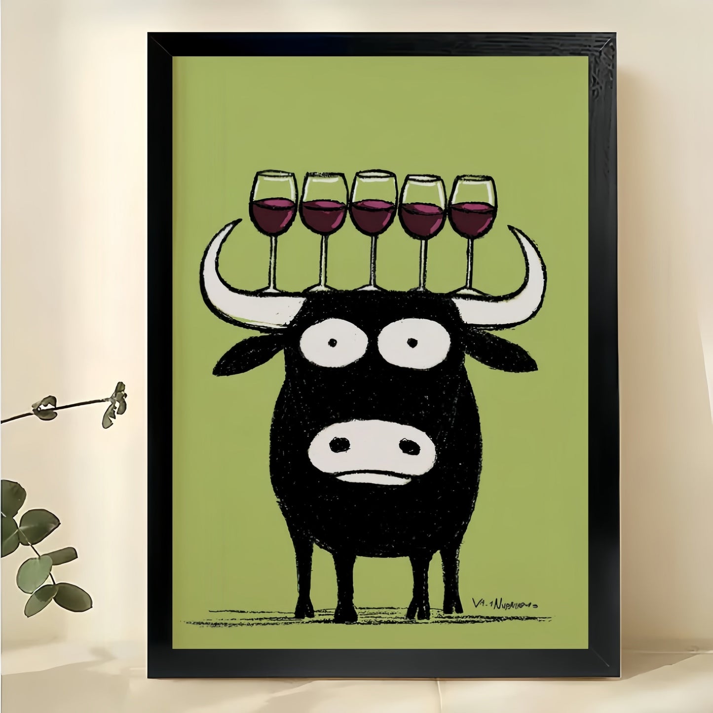 Bull with Wine Glasses Wall Art – Funny Black Bull Canvas Print on Natural Wood Frame