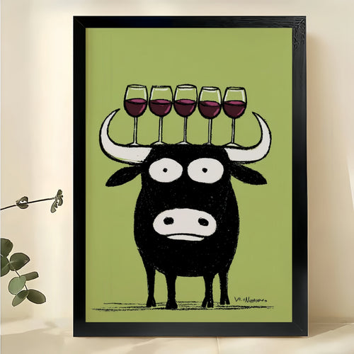 Bull with Wine Glasses Wall Art – Funny Black Bull Canvas Print on Natural Wood Frame