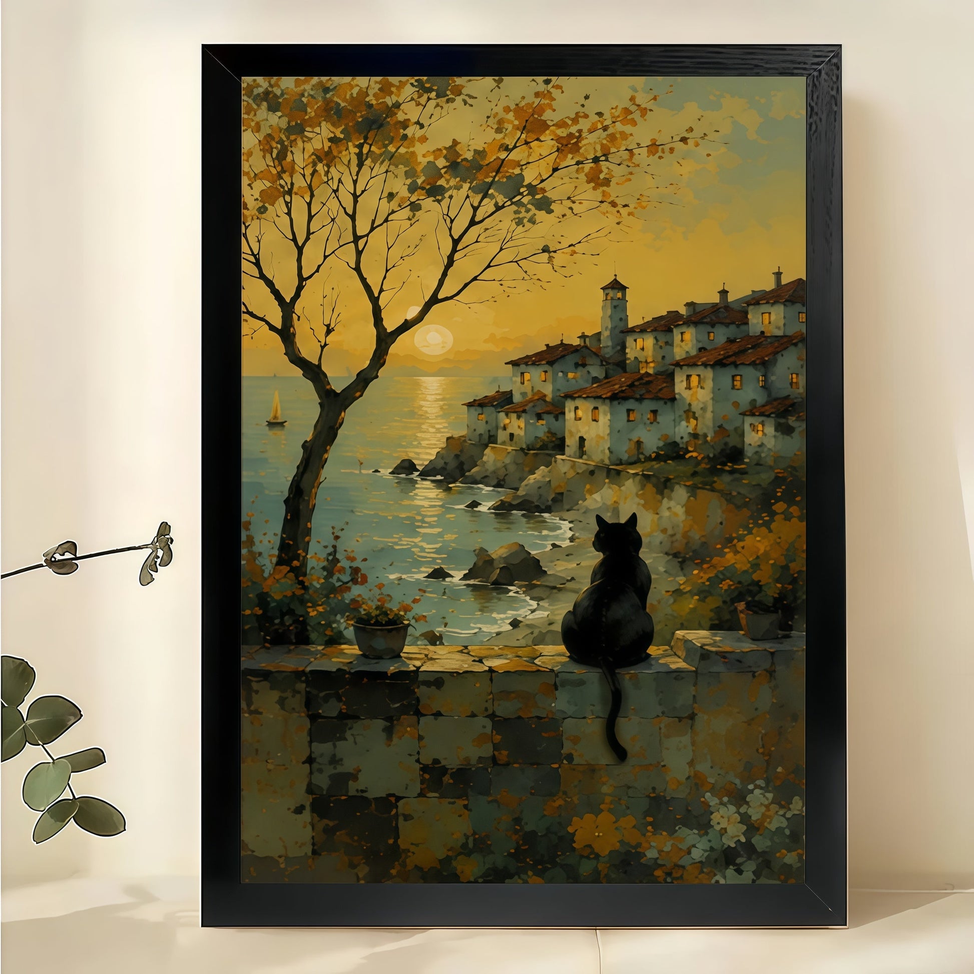 Village Sunset Black Cat Wall Art – Nostalgic Coastal Cat Canvas Print on Natural Wood Frame