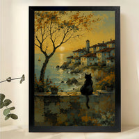 Village Sunset Black Cat Wall Art – Nostalgic Coastal Cat Canvas Print on Natural Wood Frame