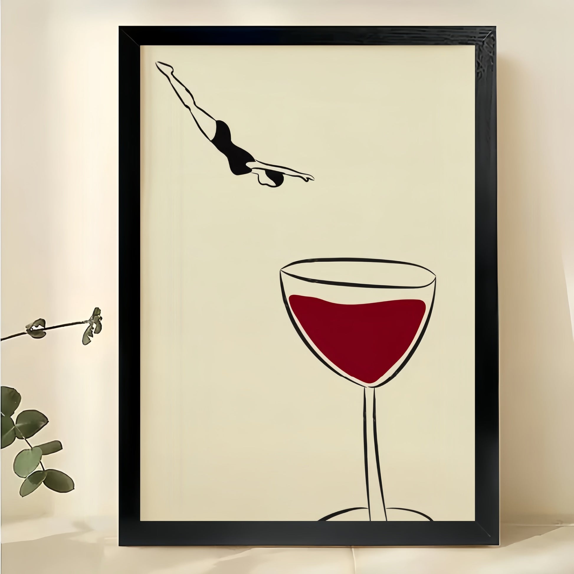 Red Wine Glass with Olive Minimalist Wall Art Bar Cart & Kitchen Decor