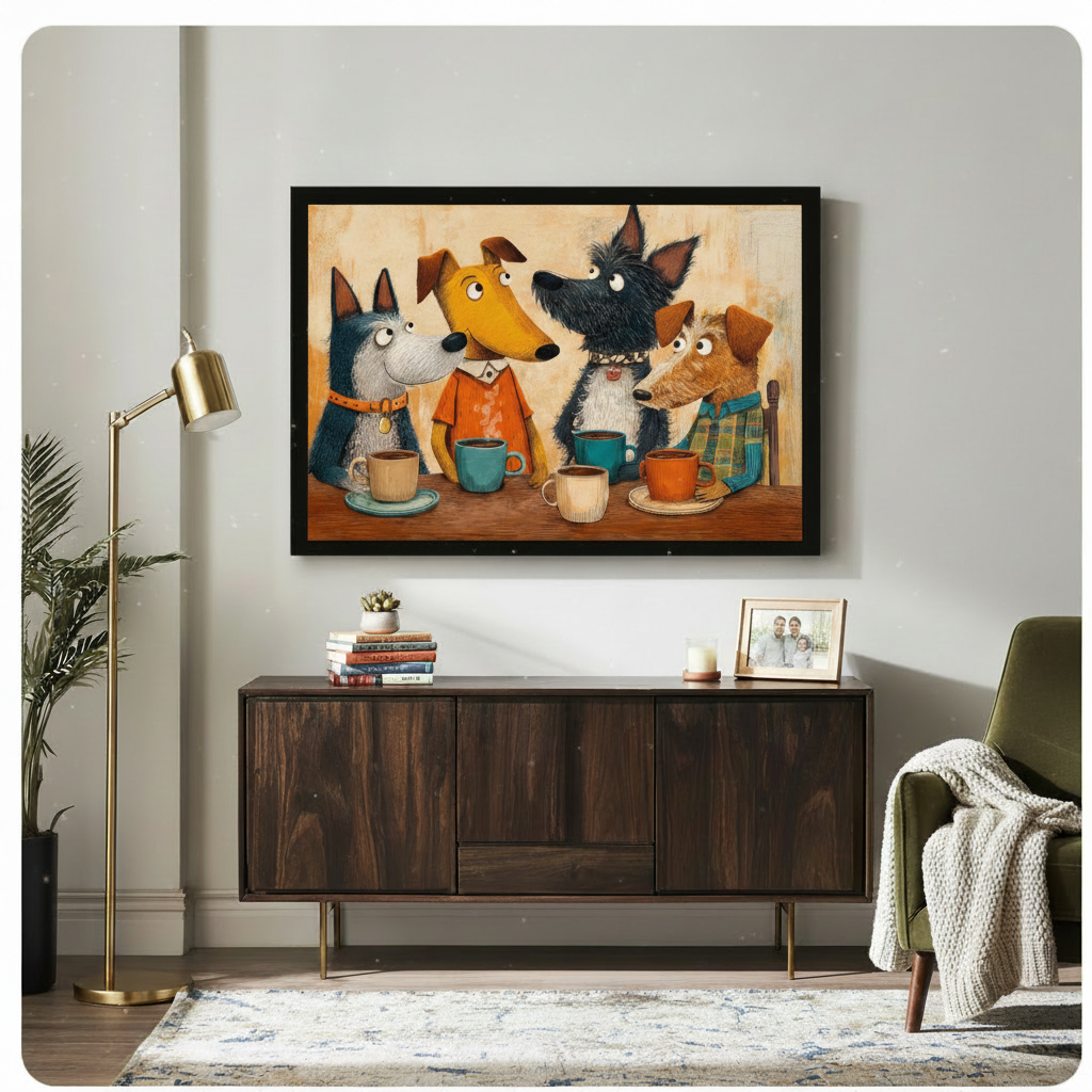 Dogs Coffee Club Cartoon Canvas Wall Art